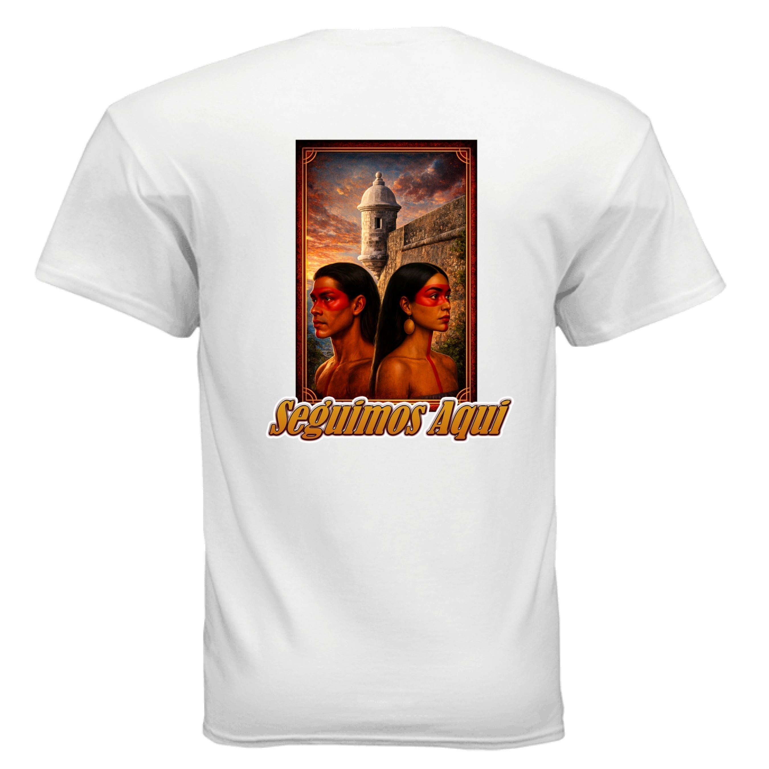 Taino couple graphic artwork with El Morro and Seguimos Aquí text on black T-shirt.”