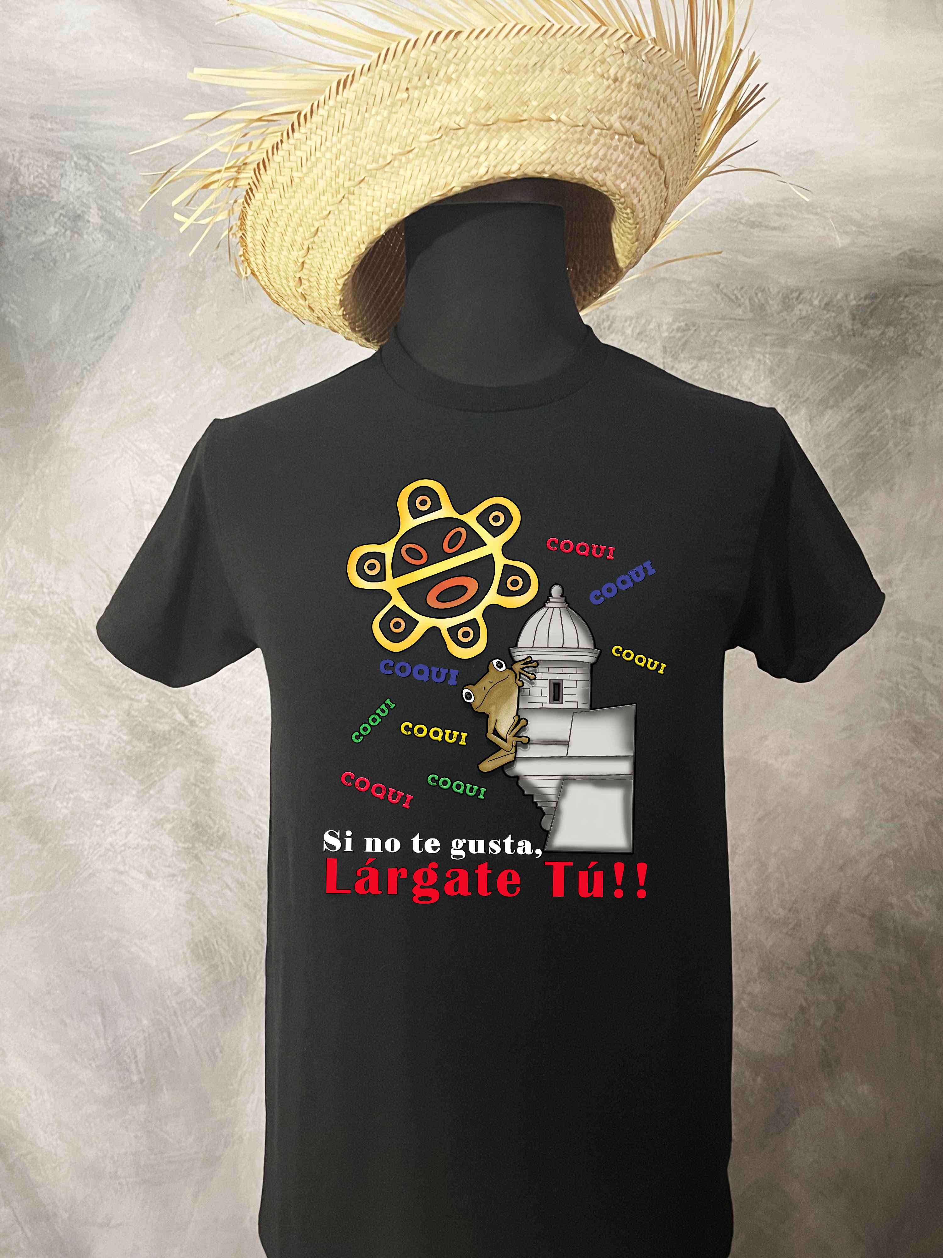 Black t-shirt with colorful graphic design and text on a textured gray background