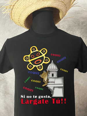 Black t-shirt with colorful graphic design and text on a textured surface
