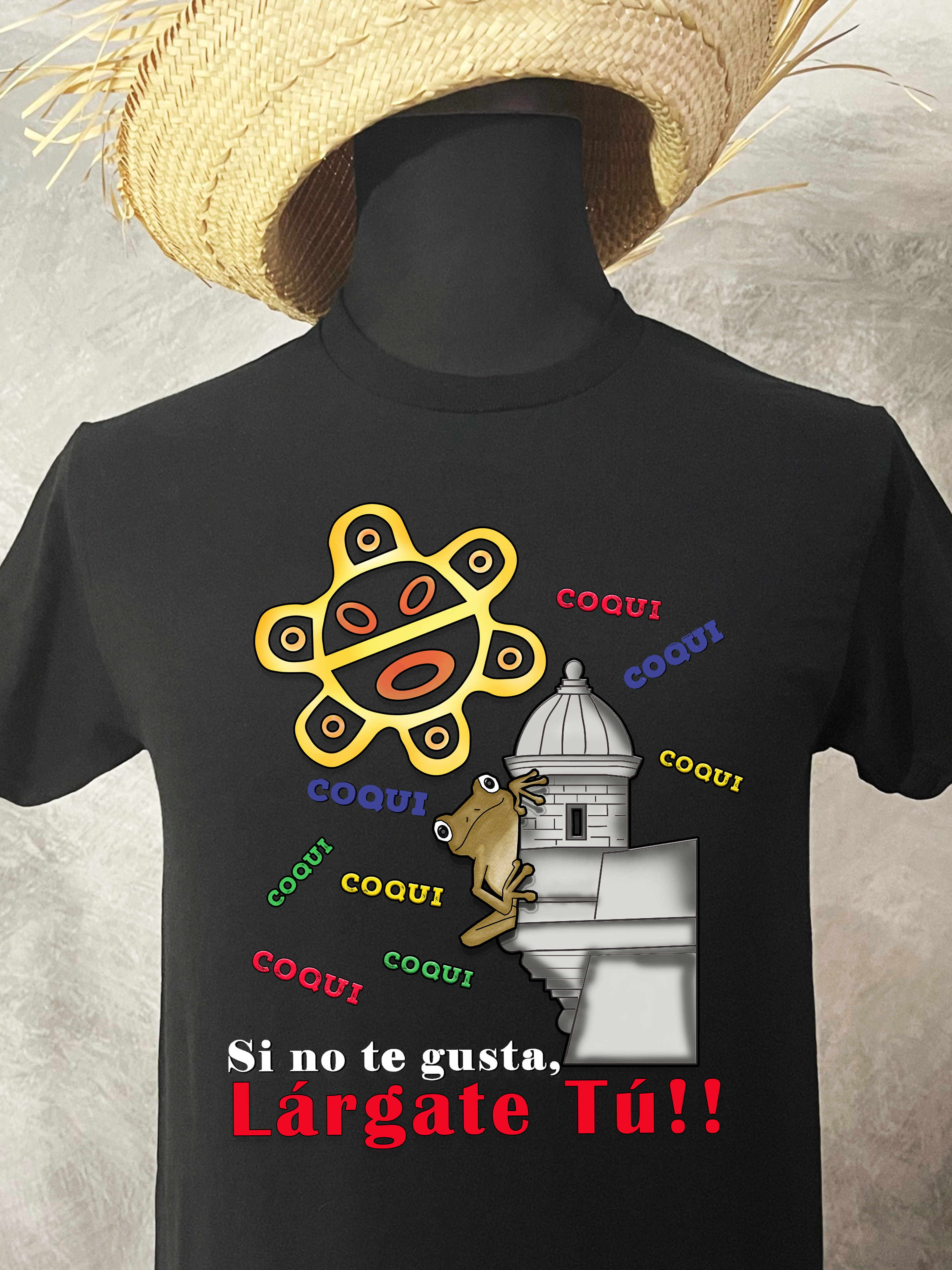 Black t-shirt with colorful graphic design and text on a textured surface