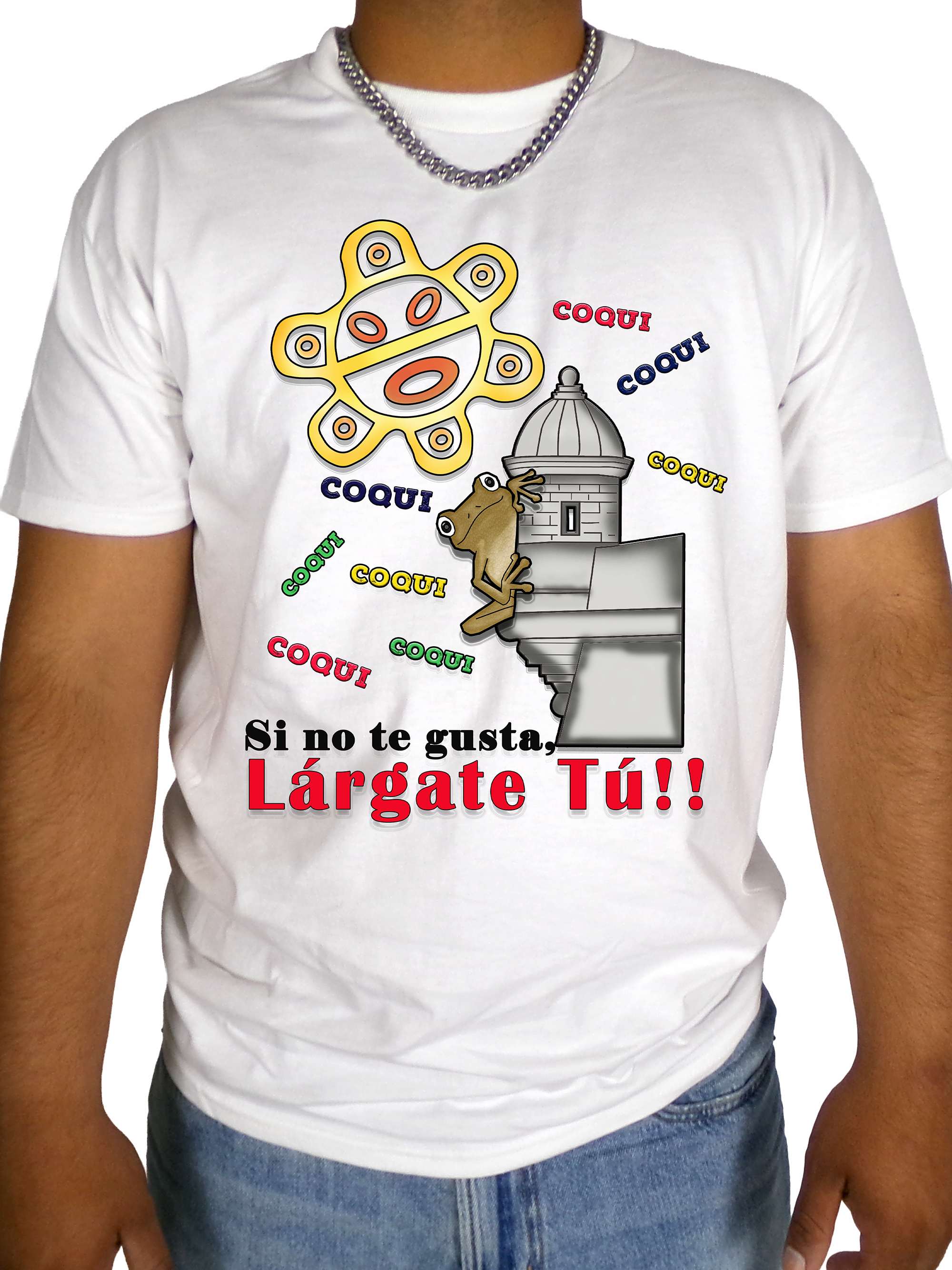 White t-shirt with colorful graphics and text worn by a person