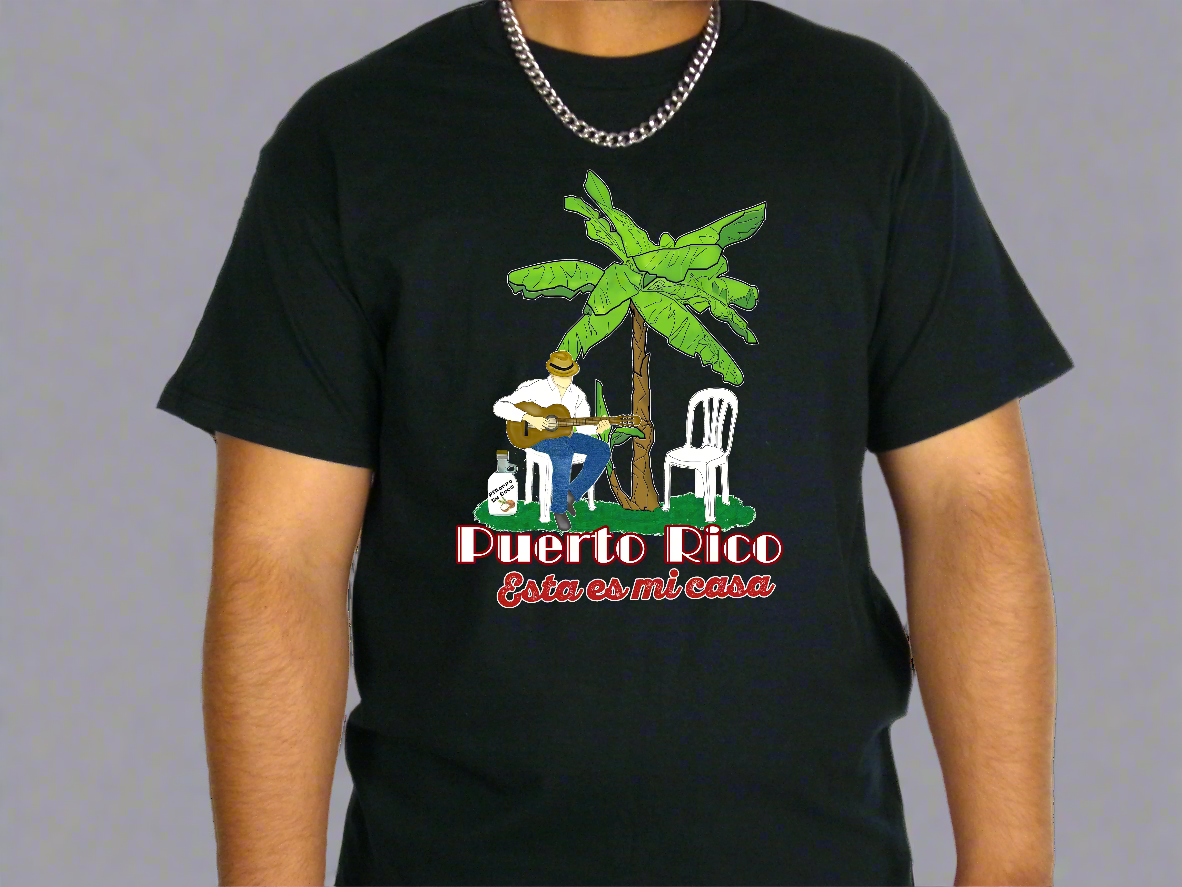 Black t-shirt with a Puerto Rican design featuring a person playing guitar under a palm tree.