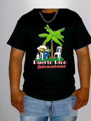 Black t-shirt with a Puerto Rico graphic and text worn by a person on a white background