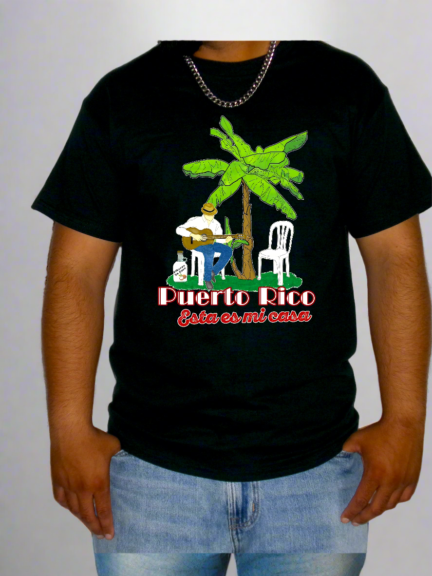 Black t-shirt with a Puerto Rico graphic and text worn by a person on a white background