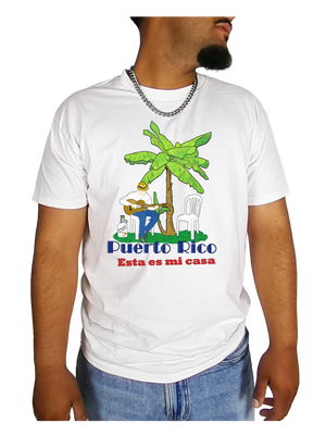 Person wearing a white t-shirt with a Puerto Rico graphic and text.