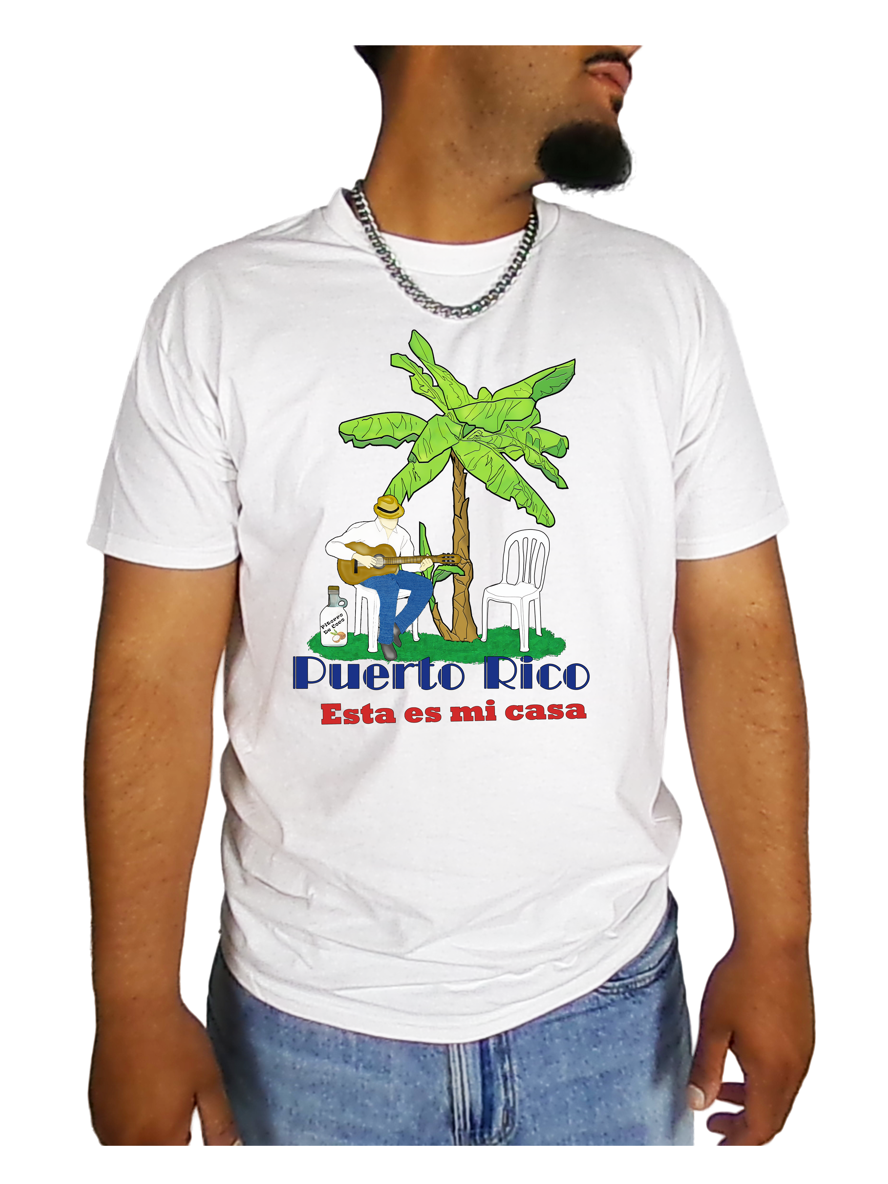 Person wearing a white t-shirt with a Puerto Rico graphic and text.