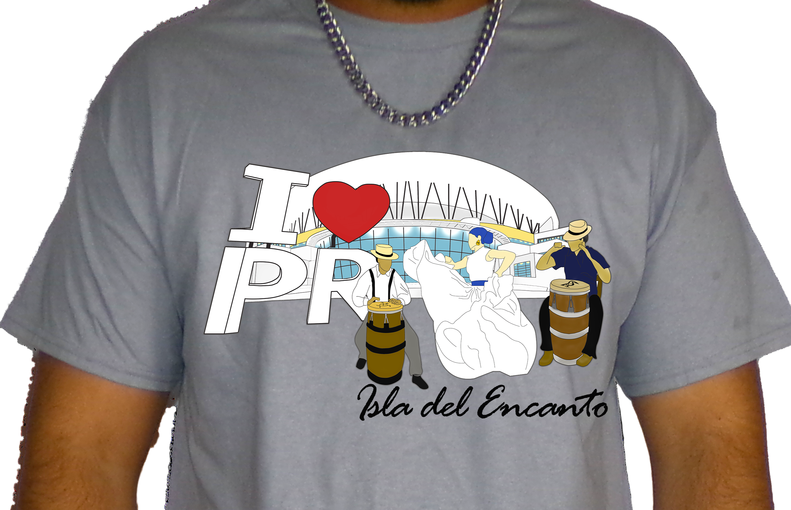 Person wearing a gray t-shirt with a colorful graphic design on a white background