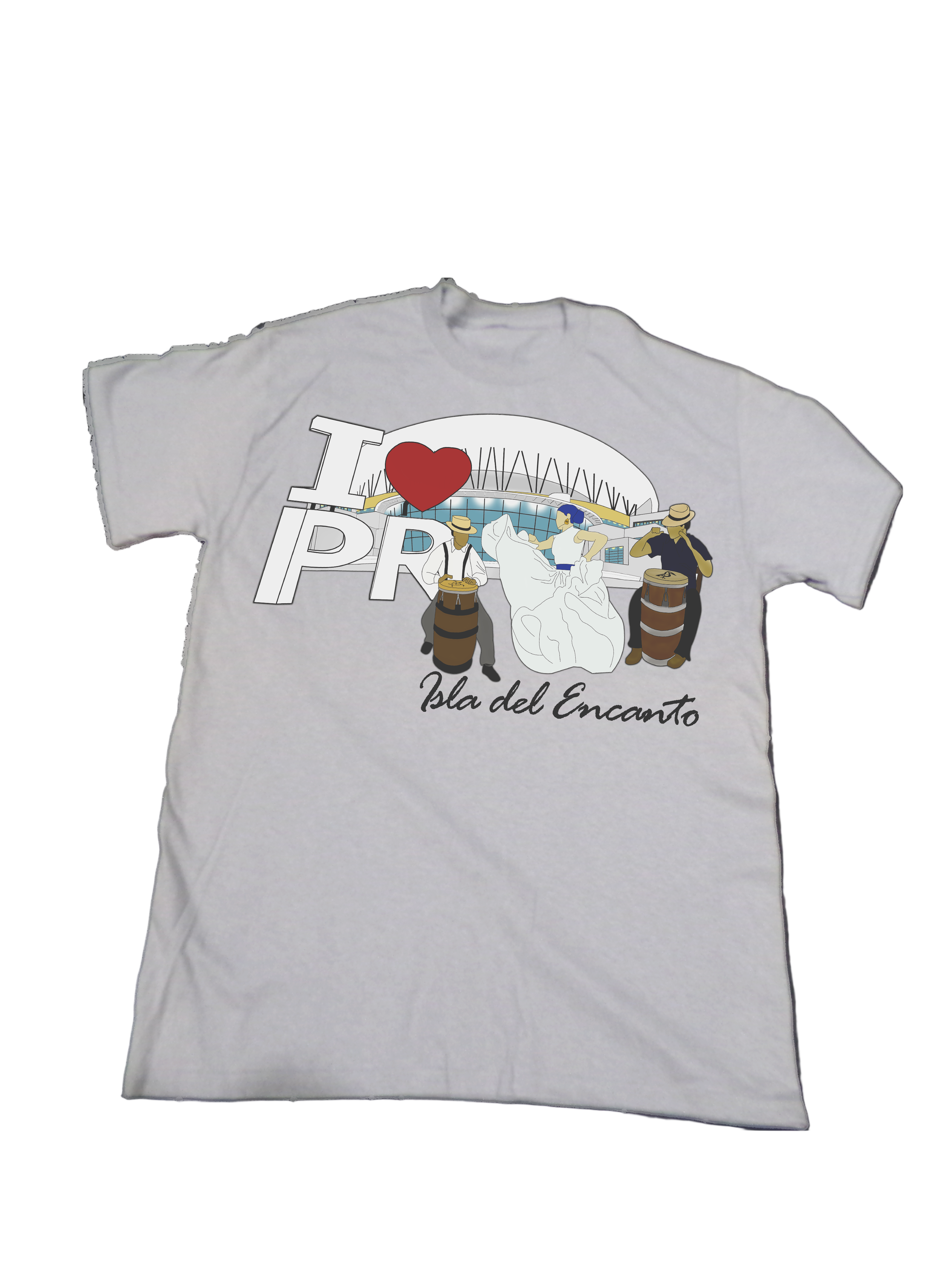 Gray t-shirt with a graphic design featuring characters and text on a white background