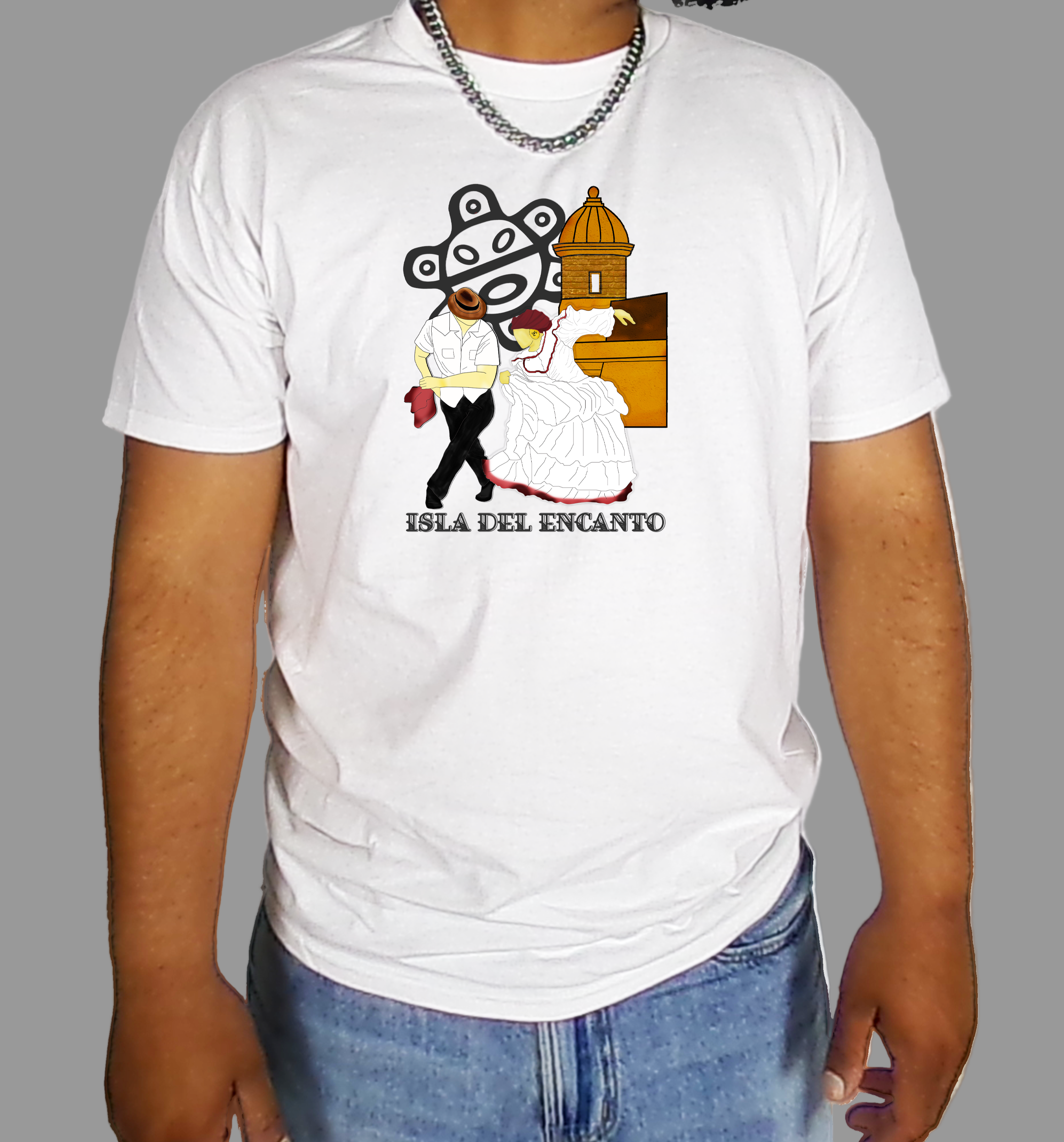 Person wearing a white t-shirt with a graphic design and text.